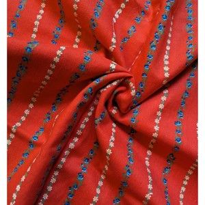 Vintage Floral Print Fabric Red with Tiny Flower Stripes‎ All Over 1970s